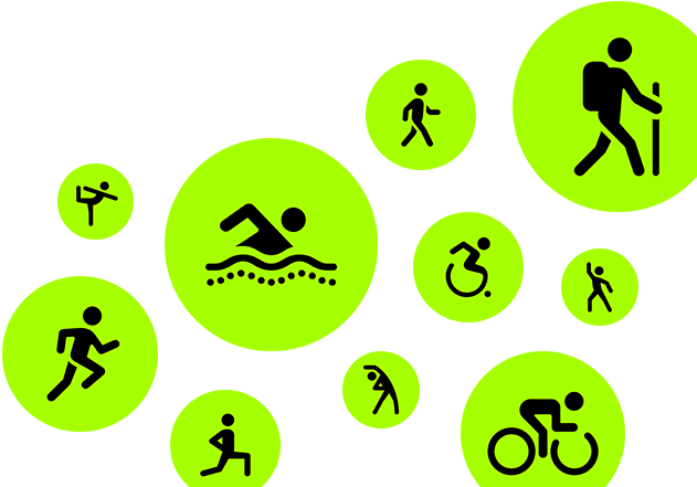 Trainingssymbole, stilisierte Personen laufen, gehen, schwimmen, nutzen einen Rollstuhl, wandern, fahren Fahrrad, machen einen Ausfallschritt, tanzen, stretchen sich und machen Yoga